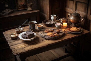 Canvas Print - a rustic wooden table, set with a plate of sweet treats and a steaming teapot, created with generative ai