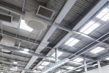 Wall Mural - ventilation system with vents and fans in ceiling of warehouse or factory, providing fresh air and removing odors, created with generative ai