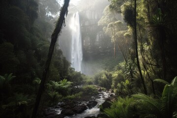 Poster - majestic waterfall, with the mist rising into the air and the surrounding forest visible, created with generative ai