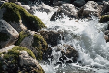 Sticker - close-up of water rushing over rocks and into pool, created with generative ai