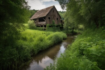 Wall Mural - rustic barn surrounded by lush greenery and running stream, created with generative ai