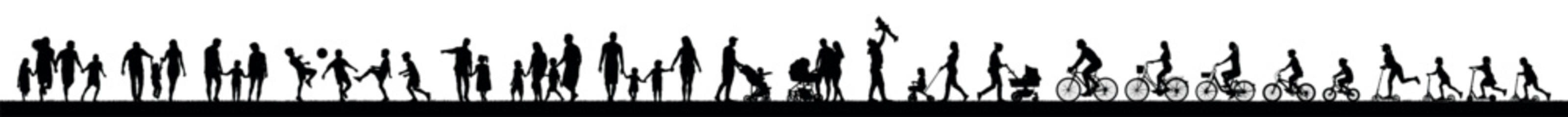 Family group walking together outdoor activities silhouette set collection.	