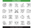 Editable line Challenge outline icon set. Motivation, Target, Potential, Overcome, Strong, Thirst for Victory, Trophy, Success. Editable stroke icons EPS