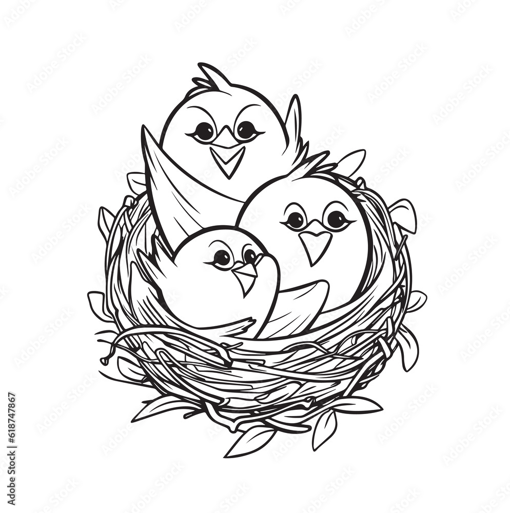 Vector cartoonish illustration of birds in a nest. line art, coloring ...