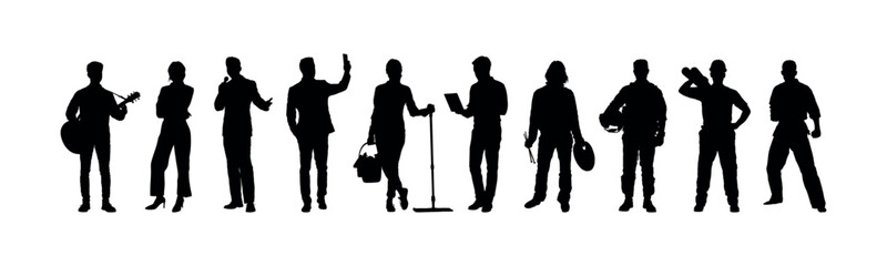 Wall Mural - Group people different occupations or professions standing in a row vector silhouettes set.