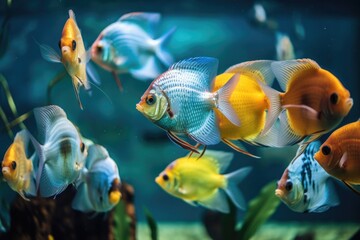 Poster - bunch of tropical fish swimming in school in aquarium tank, created with generative ai