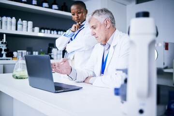 Poster - Medical, man and black woman with a laptop, research or teamwork with planning, conversation or data analysis. Male person, female researcher or scientist with a pc, analytics or results with network