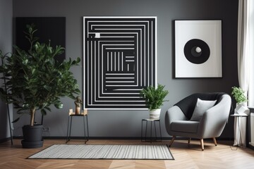 Sticker - wall art with a modern, geometric design in black and white, created with generative ai