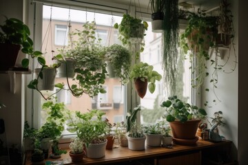 Wall Mural - white window garden with plants spilling over the sill and into the room, created with generative ai