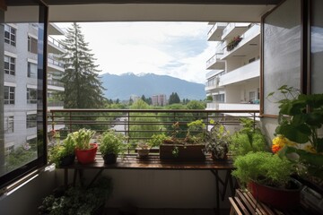 Poster - balcony with window garden and view of mountain range, created with generative ai