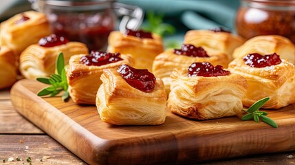 Poster - AI generated illustration of freshly-baked puff pastry atop a wooden plate, with jelly spread on top