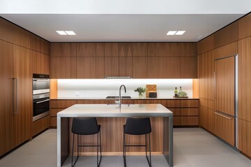 Wall Mural - modern kitchen with sleek and minimalist design, featuring wood-paneled walls and stainless steel appliances, created with generative ai