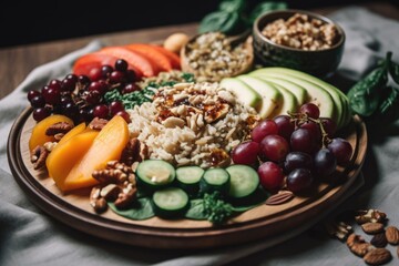 Poster - a plate of nutritious and delicious zero-waste meal, with fruits, vegetables, grains & nuts, created with generative ai