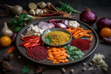 Poster - a plate of colorful vegetables and spices, ready for cooking, created with generative ai