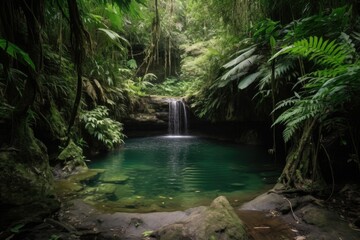 Canvas Print - majestic waterfall cascading into natural swimming hole surrounded by lush greenery, created with generative ai