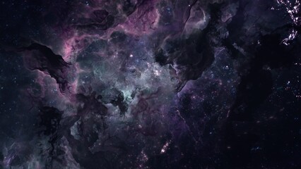 Wall Mural - Mystical hostile galaxy star cluster in alien deep space. Science fiction concept illustration of infinite interstellar gas nebula and cosmic celestial bodies glowing in eternity. Cosmic awe wide shot