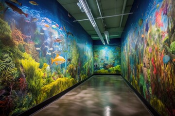 Wall Mural - colorful mural of school of fish swimming in underwater scene, created with generative ai