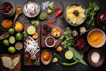 Wall Mural - a collage of international ingredients for a globally inspired recipe, created with generative ai