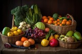 Fototapeta Kuchnia - a beautiful arrangement of fresh fruits and vegetables, arranged in a basket, created with generative ai