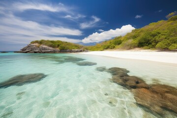 Sticker - remote island with crystal-clear water and white sand beaches, created with generative ai