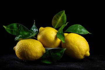 Poster - AI generated illustration of vibrant yellow lemons isolated on a dark background