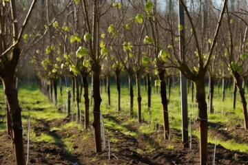 Canvas Print - tree sprouts growing in shaded orchard, their delicate leaves reaching for the light, created with generative ai