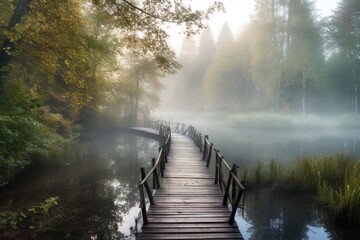 Poster - morning mist over tranquil forest lake, with wooden bridge and stone pathways, created with generative ai