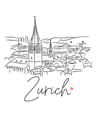 vector illustration of the hand-drawn cityscape of zurich on a white background