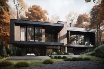 Poster - modern home with sleek and minimalist exterior, featuring angular shapes and clean lines, created with generative ai