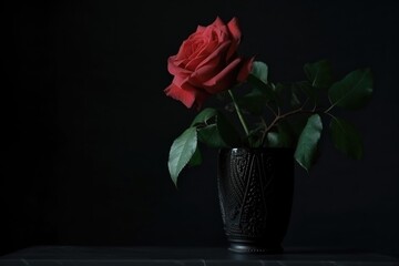 Poster - red rose in a black vase on a dark background, created with generative ai