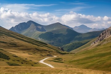 Poster - stunning mountain landscape, with rolling hills and towering peaks, from the road, created with generative ai