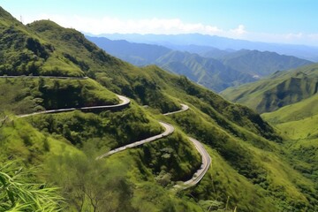 Sticker - stunning mountain range, with a winding road and clear blue sky, surrounded by greenery, created with generative ai