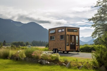 Sticker - tiny house on wheels, with view of scenic mountain range, created with generative ai