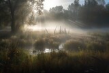 Fototapeta Tęcza - sunbeam shining through the fog onto wetland meadow, created with generative ai
