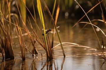 Canvas Print - close-up of reeds and rushes in marshy wetland, with dragonfly on the wing, created with generative ai