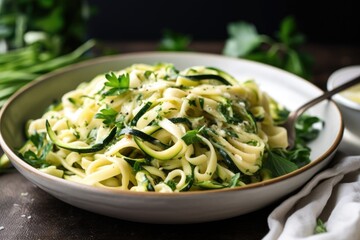 Wall Mural - simple zucchini pasta dish with fresh herbs and garlic, created with generative ai