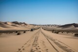 Fototapeta Panele - road trip across the desert, with endless sand dunes in the background, created with generative ai