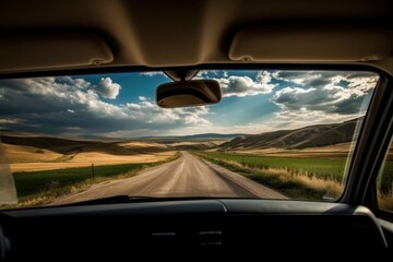 Sticker - big window, view of the countryside, and open road on the journey #travel #vacation, created with generative ai