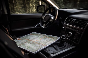 Canvas Print - road trip with a map and compass, ready for adventure, created with generative ai