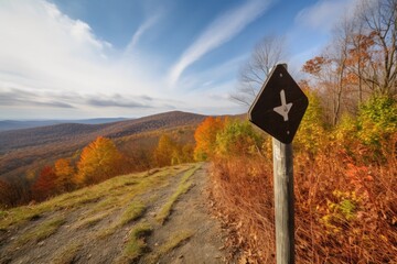 Sticker - trail marker with arrow pointing the way to a scenic view, created with generative ai