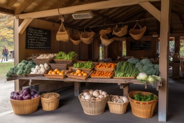 Poster - vegetable stand with baskets of fresh produce and sign, created with generative ai