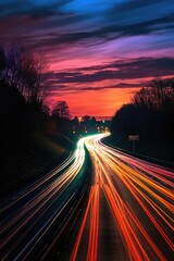 Canvas Print - light trails on a busy highway at night, created with generative ai