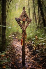 Sticker - rustic wooden arrow sign on a nature trail, created with generative ai