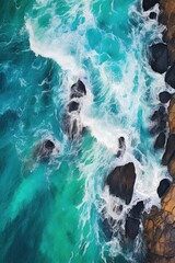 Canvas Print - aerial view of turquoise ocean waves crashing on shore, created with generative ai