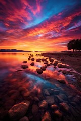 Canvas Print - vibrant sunset reflecting on the calm waters of a secluded beach, created with generative ai