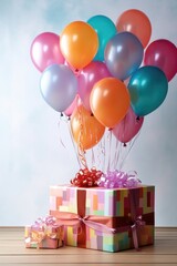 Wall Mural - colorful birthday balloons tied to a gift box, created with generative ai