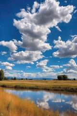 Wall Mural - bright blue sky with fluffy white clouds, created with generative ai