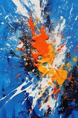 Poster - abstract paint splatters on blue backdrop, created with generative ai