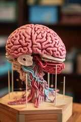 Poster - close-up of a human brain model with labeled parts, created with generative ai