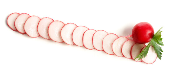 Wall Mural - Fresh Vegetables - Red Radish Slices isolated on white Background